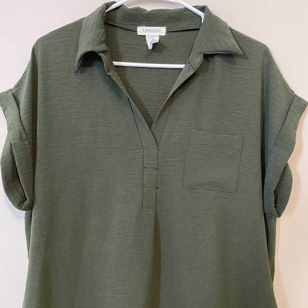 Olive Green Loose Fit short sleeve Midi T-Shirt Dress S/M espresso EUC POCKETS